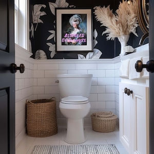Funny bathroom print, noblewoman portrait with the humorous text: assholes everywhere. Vintage portrait painting, funny restroom decor, restaurant bar print, altered art, gallery set, eclectic art decor, instant download.