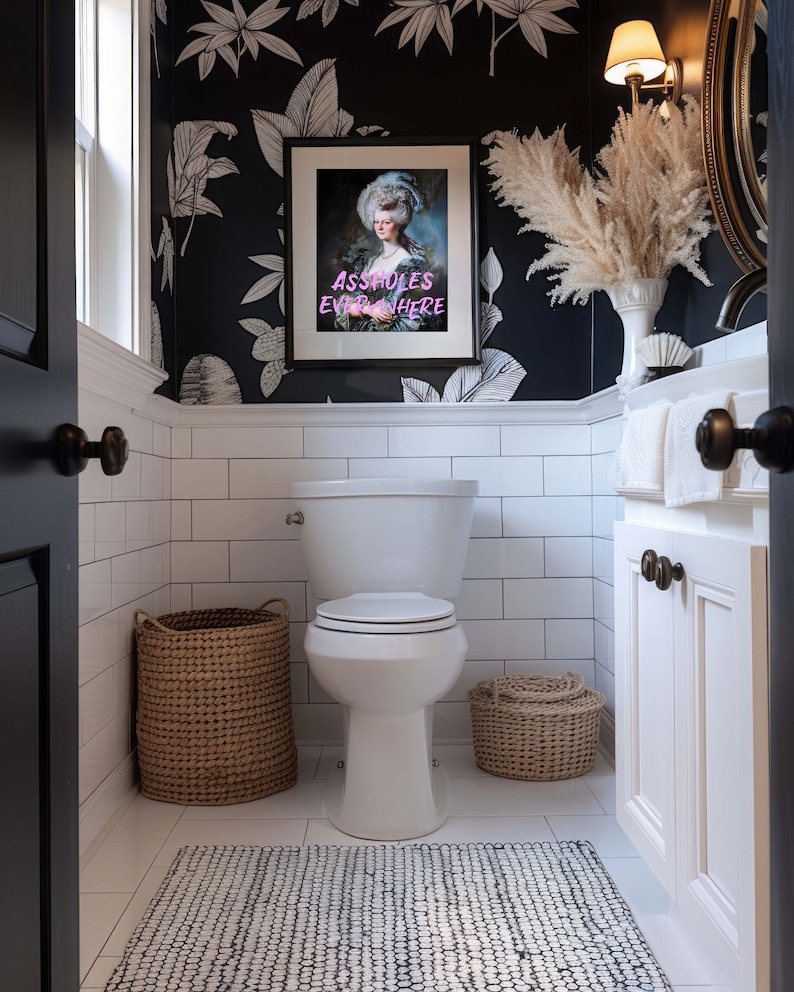 Funny bathroom print, noblewoman portrait with the humorous text: assholes everywhere. Vintage portrait painting, funny restroom decor, restaurant bar print, altered art, gallery set, eclectic art decor, instant download.