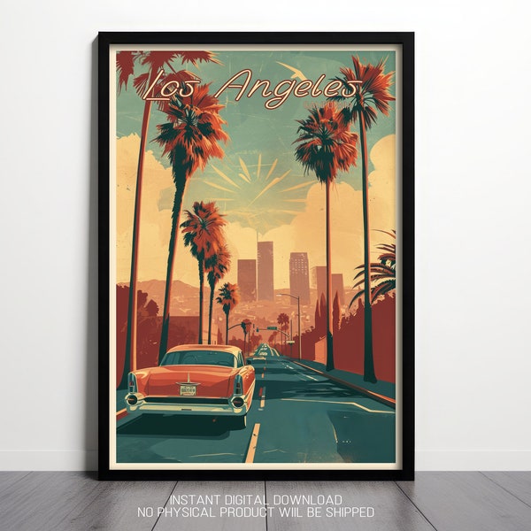 Los Angeles Vintage Travel Poster LA Retro Print US Cities Print Home Decor California Wall Art Printable CA Travel Print Digital Download