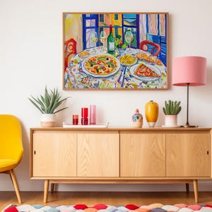 talian Feast with Pizza Pasta and Wine Print, Vibrant Kitchen or Dining Room Decor, Maximalist Colorful Painting, Mediterranean Wall Art, Henry Matisse inspired painting, mcm wall art, restaurant cafe art print, trendy kitchen poster, artzenica.