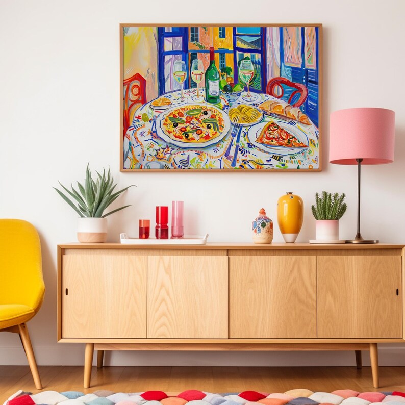 talian Feast with Pizza Pasta and Wine Print, Vibrant Kitchen or Dining Room Decor, Maximalist Colorful Painting, Mediterranean Wall Art, Henry Matisse inspired painting, mcm wall art, restaurant cafe art print, trendy kitchen poster, artzenica.