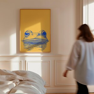 Minimalist Frog Print, Yellow and Blue Wall Art, Dopamine Decor, Animal Pop Art Poster, Trendy House Artwork, Large Wall Decor, Printable, airbnb art print, artzenica, relaxing calming artwork, men apartment wall decor.