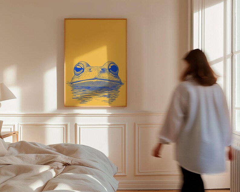 Minimalist Frog Print, Yellow and Blue Wall Art, Dopamine Decor, Animal Pop Art Poster, Trendy House Artwork, Large Wall Decor, Printable, airbnb art print, artzenica, relaxing calming artwork, men apartment wall decor.