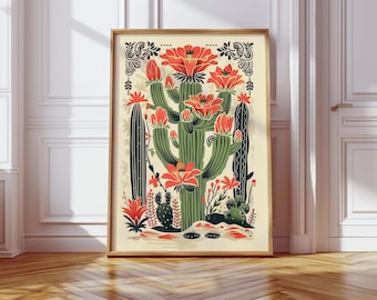 Mexican Cactus Print, Traditional Mexican Poster for Boho Home Decor, Vintage Wall Art, Latinx Print, Botanical Artwork, Maximalist Art