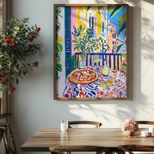 Neapolitan Pizza with Wine Print, Vibrant Kitchen Painting, Living Room Wall Art, Maximalist Art, Food Lover Gift, Eclectic Art Print, restaurant cafe wall art, artzenica print, italian food poster, pizza and wine art print, summer artwork,