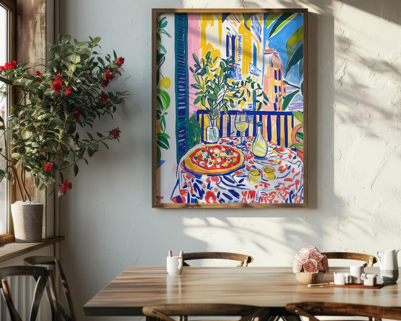 Neapolitan Pizza with Wine Print, Vibrant Kitchen Painting, Living Room Wall Art, Maximalist Art, Food Lover Gift, Eclectic Art Print, restaurant cafe wall art, artzenica print, italian food poster, pizza and wine art print, summer artwork,