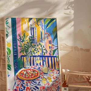Neapolitan Pizza with Wine Print, Vibrant Kitchen Painting, Living Room Wall Art, Maximalist Art, Food Lover Gift, Eclectic Art Print, restaurant cafe wall art, artzenica print, italian food poster, pizza and wine art print, summer artwork,