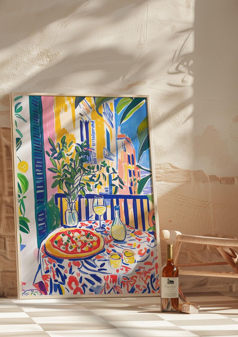 Neapolitan Pizza with Wine Print, Vibrant Kitchen Painting, Living Room Wall Art, Maximalist Art, Food Lover Gift, Eclectic Art Print, restaurant cafe wall art, artzenica print, italian food poster, pizza and wine art print, summer artwork,