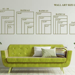 K&ouml;nnte beinhalten: Ein Wandkunst-Gr&ouml;&szlig;enleitfaden mit verschiedenen Verh&auml;ltnissen und Ma&szlig;en in Zoll. Der Leitfaden zeigt die Abmessungen verschiedener Gr&ouml;&szlig;en von Wandkunst, einschlie&szlig;lich der Verh&auml;ltnisse A1, A4, 4:5, 2:3 und 3:4.