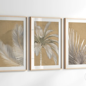 Set of 3 Palm Tree Wall Art, Coastal House Decor, Boho Beachy Vibes, Palm Leaves Abstract Print, Beige NeutralTropical Art, Printable