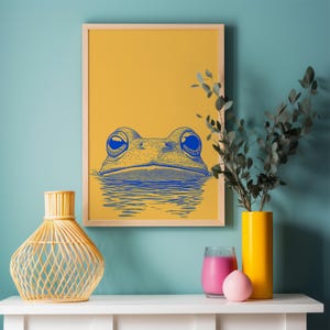 Minimalist Frog Print, Yellow and Blue Wall Art, Dopamine Decor, Animal Pop Art Poster, Trendy House Artwork, Large Wall Decor, Printable, airbnb art print, artzenica, relaxing calming artwork, men apartment wall decor.