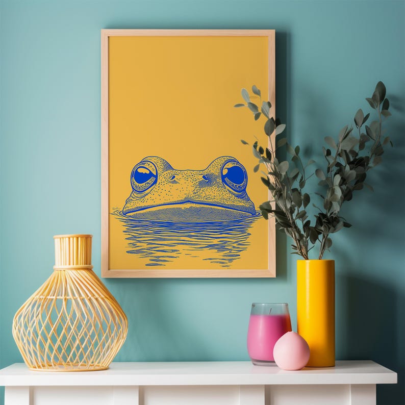 Minimalist Frog Print, Yellow and Blue Wall Art, Dopamine Decor, Animal Pop Art Poster, Trendy House Artwork, Large Wall Decor, Printable, airbnb art print, artzenica, relaxing calming artwork, men apartment wall decor.