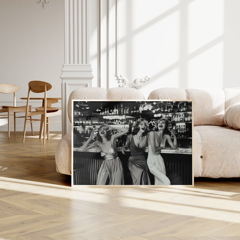 Girls night out print, women drinking at bar photo, alcohol print, feminist poster, club bar decor, bar cart decor, trendy artwork, black and white photography, luxury poster, 1970s aesthetic, old money aesthetic print, digital download.