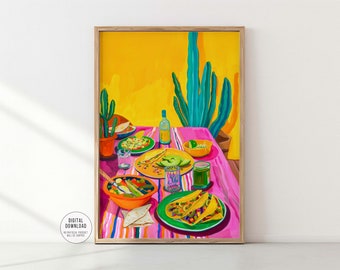 Mexican Fiesta with Tacos and Tequila Print,  Kitchen and Dining Room Wall Art, Colorful Maximalist Painting,  Digital Download