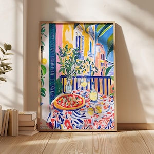 Neapolitan Pizza with Wine Print, Vibrant Kitchen Painting, Living Room Wall Art, Maximalist Art, Food Lover Gift, Eclectic Art Print, restaurant cafe wall art, artzenica print, italian food poster, pizza and wine art print, summer artwork,