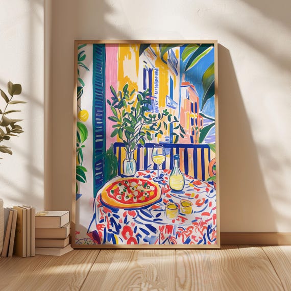 Neapolitan Pizza & Wine Art Print, Vibrant Kitchen Painting (Digital Download)