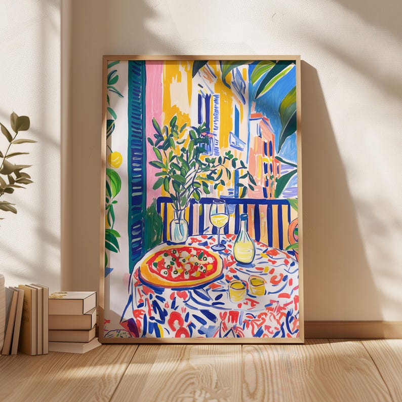 Neapolitan Pizza with Wine Print, Vibrant Kitchen Painting, Living Room Wall Art, Maximalist Art, Food Lover Gift, Eclectic Art Print, restaurant cafe wall art, artzenica print, italian food poster, pizza and wine art print, summer artwork,