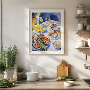 Seafood feast print, shellfish and wine painting, food and drink wall art, restaurant decor, matisse painting, kitchen and dining room decor, gallery wall set, maximalist art, digital download.