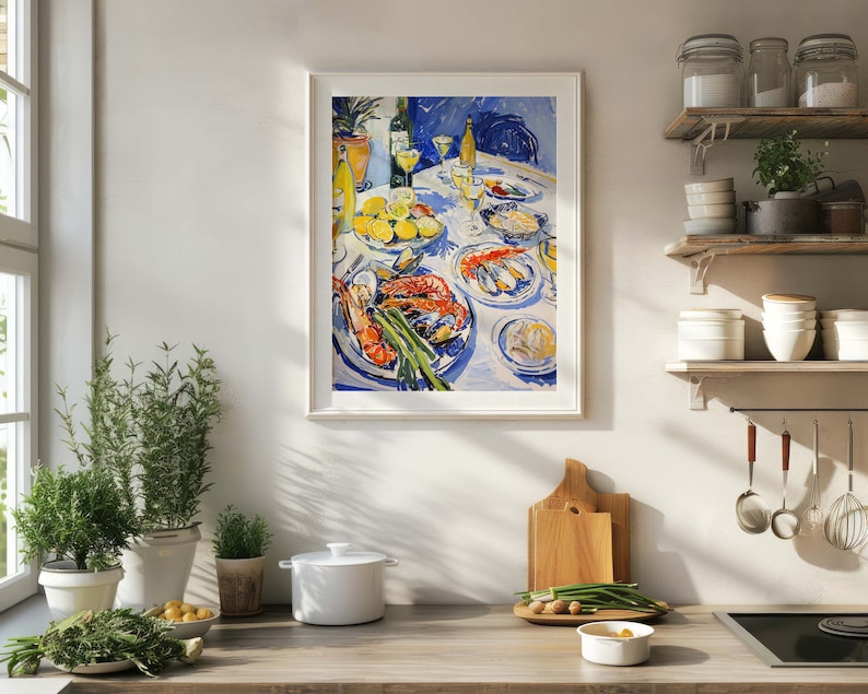 Seafood feast print, shellfish and wine painting, food and drink wall art, restaurant decor, matisse painting, kitchen and dining room decor, gallery wall set, maximalist art, digital download.