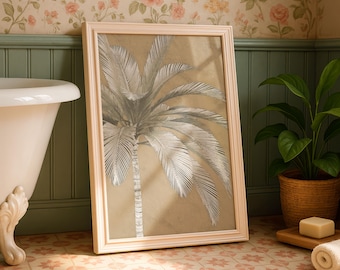 May include: A rectangular framed wall art piece featuring a detailed illustration of a palm tree with white fronds against a solid tan background. The frame is a light cream colour with a simple, clean edge design surrounding the botanical print.