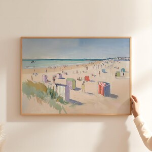 Impresión de playa vintage, pintura minimalista para decoración de casas costeras, arte mural de acuarela pastel, póster oceánico, arte playero junto al mar