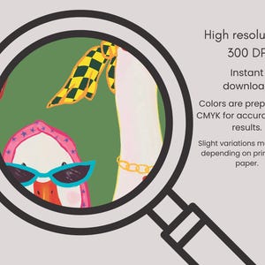 May include: Illustration of a duck wearing sunglasses and a pink head covering with blue stars. The duck is inside a magnifying glass. A yellow and black checkered scarf is visible. The image text says "High resolution: 300 DPI, Instant download."