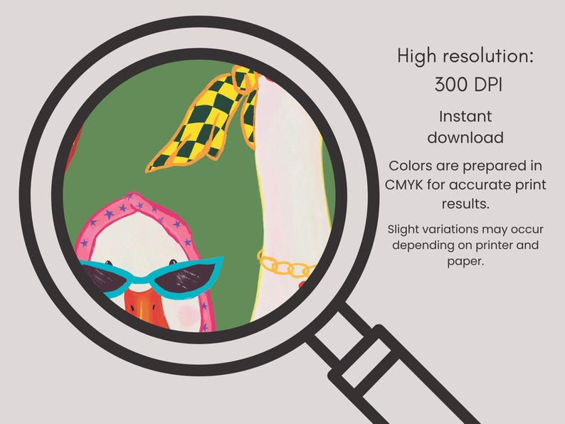 May include: Illustration of a duck wearing sunglasses and a pink head covering with blue stars. The duck is inside a magnifying glass. A yellow and black checkered scarf is visible. The image text says "High resolution: 300 DPI, Instant download."