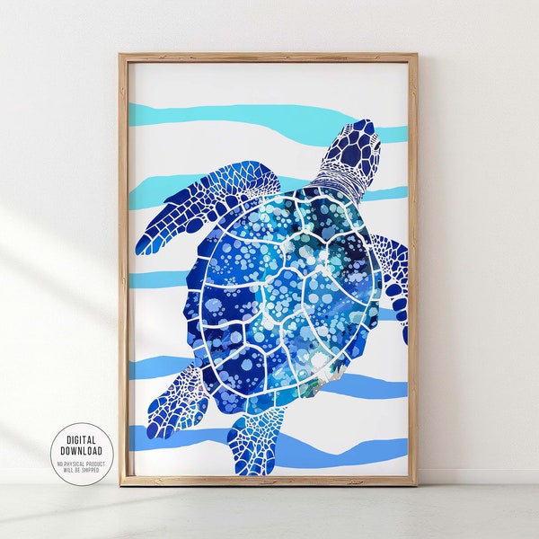 Sea Turtle Print, Blue Watercolor Painting, Trendy Minimalist Coastal Home Decor, Modern Nursery Wall Art, Digital Download