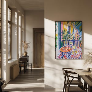 Neapolitan Pizza with Wine Print, Vibrant Kitchen Painting, Living Room Wall Art, Maximalist Art, Food Lover Gift, Eclectic Art Print, restaurant cafe wall art, artzenica print, italian food poster, pizza and wine art print, summer artwork,