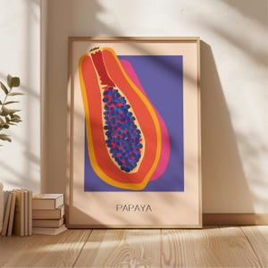 Papaya Pop Art Print auf lila Hintergrund, trendige Küche Wandkunst, Dopamin-Wand-Dekor, tropische Früchte druckbare Poster, digitaler Download