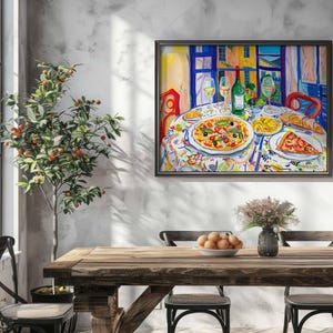 talian Feast with Pizza Pasta and Wine Print, Vibrant Kitchen or Dining Room Decor, Maximalist Colorful Painting, Mediterranean Wall Art, Henry Matisse inspired painting, mcm wall art, restaurant cafe art print, trendy kitchen poster, artzenica.