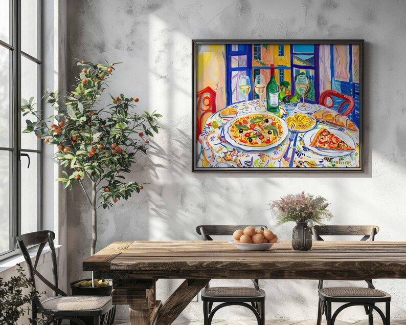 talian Feast with Pizza Pasta and Wine Print, Vibrant Kitchen or Dining Room Decor, Maximalist Colorful Painting, Mediterranean Wall Art, Henry Matisse inspired painting, mcm wall art, restaurant cafe art print, trendy kitchen poster, artzenica.