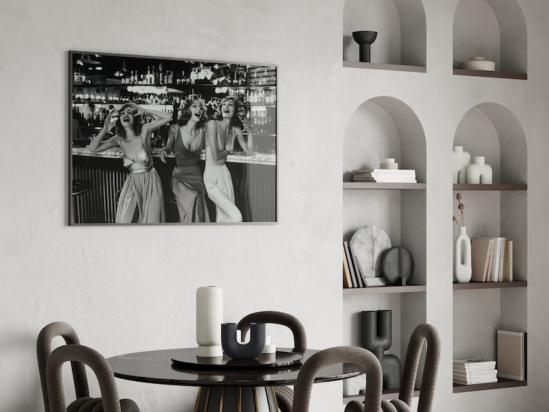 Girls night out print, women drinking at bar photo, alcohol print, feminist poster, club bar decor, bar cart decor, trendy artwork, black and white photography, luxury poster, 1970s aesthetic, old money aesthetic print, digital download.