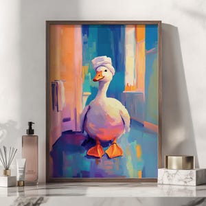 Duck in Head Towel Poster, Fun Animal Bath Print, Toilet Humor Wall Decor, Girly Aesthetic Art, Nursery Wall Art, Unique Gift Idea
