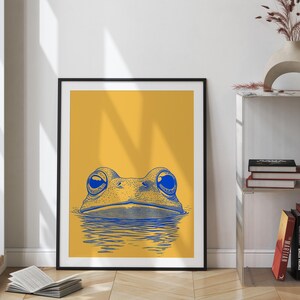 Minimalist Frog Print, Yellow and Blue Wall Art, Dopamine Decor, Animal Pop Art Poster, Trendy House Artwork, Large Wall Decor, Printable, airbnb art print, artzenica, relaxing calming artwork, men apartment wall decor.