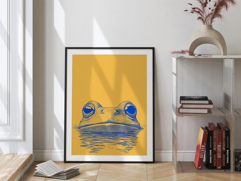 Minimalist Frog Print, Yellow and Blue Wall Art, Dopamine Decor, Animal Pop Art Poster, Trendy House Artwork, Large Wall Decor, Printable, airbnb art print, artzenica, relaxing calming artwork, men apartment wall decor.