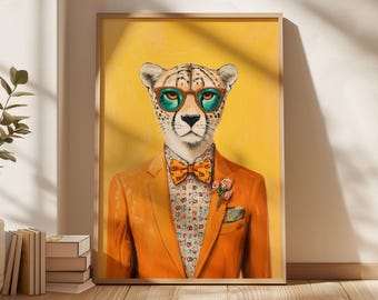 Leopard in Orange Suit Art Print: Funny Animal Poster (Digital Download)