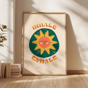 Inhale Exhale Print, Modern Spiritual Hand Drawn Illustration, Boho Sun Poster, Yoga Meditation Artwork, Breathing Reminder Wall Art
