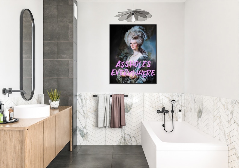 Funny bathroom print, noblewoman portrait with the humorous text: assholes everywhere. Vintage portrait painting, funny restroom decor, restaurant bar print, altered art, gallery set, eclectic art decor, instant download.