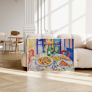talian Feast with Pizza Pasta and Wine Print, Vibrant Kitchen or Dining Room Decor, Maximalist Colorful Painting, Mediterranean Wall Art, Henry Matisse inspired painting, mcm wall art, restaurant cafe art print, trendy kitchen poster, artzenica.