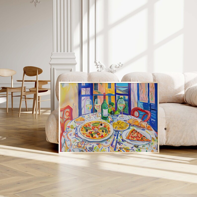talian Feast with Pizza Pasta and Wine Print, Vibrant Kitchen or Dining Room Decor, Maximalist Colorful Painting, Mediterranean Wall Art, Henry Matisse inspired painting, mcm wall art, restaurant cafe art print, trendy kitchen poster, artzenica.