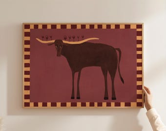 Western Longhorn Art Print, Hand Drawn Folk Animal Wall Art, Rustic Bar Decor (Digital Download)