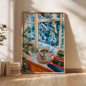 ヴィンテージクリスマスコーヒープリント、冬の静物画、ホリデーウォールアート、ファームハウスキッチンウォールデコレーション、お祭りコーヒーバーアート
