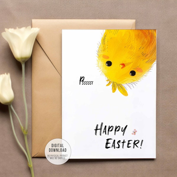 Adorable Easter Greeting Card with Peeking Chick, Foldable 5x7, Funny Happy Easter Printable Card, Cute Minimalist card for Easter wishes