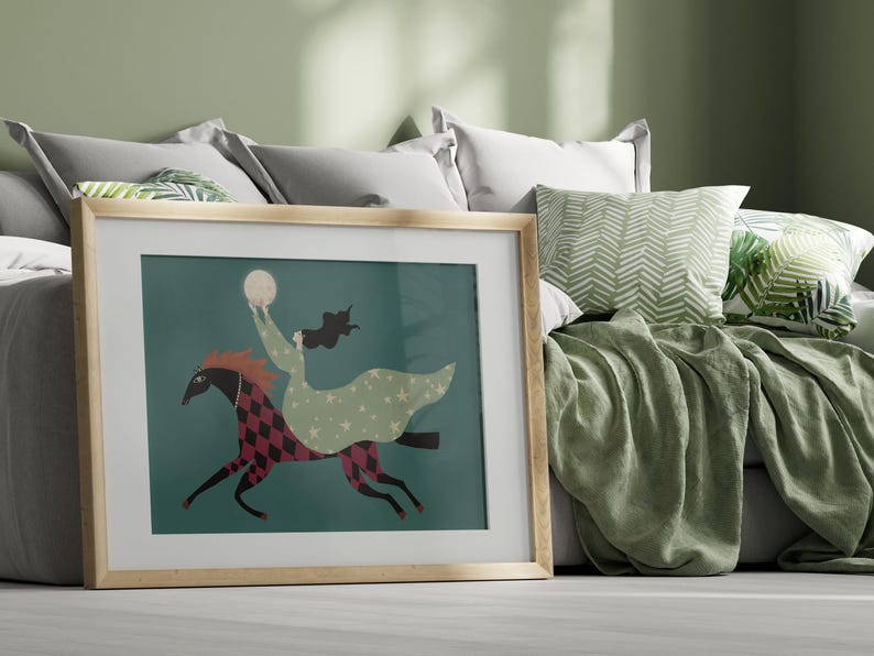 Whimsical Celestial Art Print: Woman on Horse Modern Folk Ilustration (Digital Download) image 6
