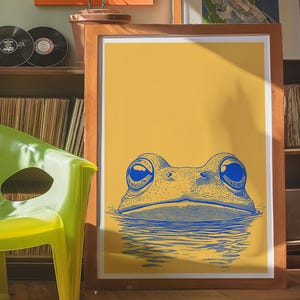 Minimalist Frog Print, Yellow and Blue Wall Art, Dopamine Decor, Animal Pop Art Poster, Trendy House Artwork, Large Wall Decor, Printable, airbnb art print, artzenica, relaxing calming artwork, men apartment wall decor.