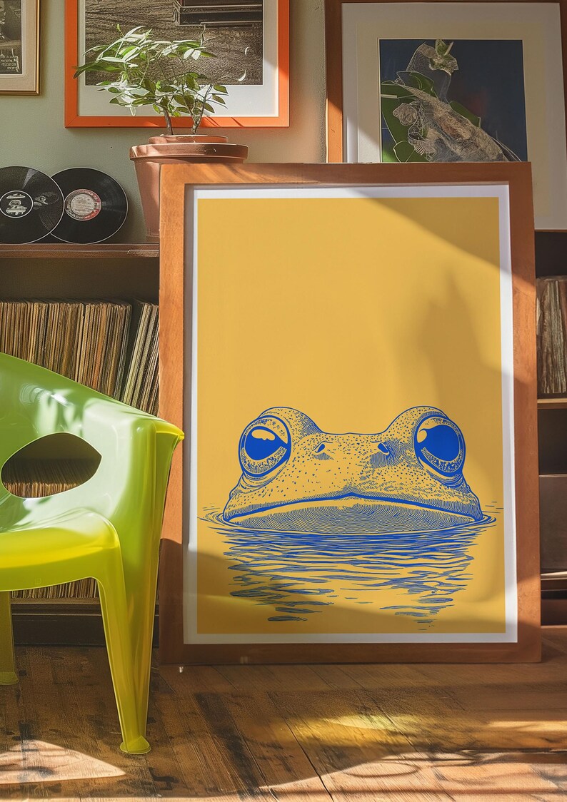 Minimalist Frog Print, Yellow and Blue Wall Art, Dopamine Decor, Animal Pop Art Poster, Trendy House Artwork, Large Wall Decor, Printable, airbnb art print, artzenica, relaxing calming artwork, men apartment wall decor.