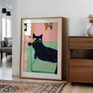 マティーニを持った黒猫のプリント、バーカートの装飾、トレンディなカクテルラウンジのポスター、猫好きへのギフト、ピンクとグリーンのウォールアート、かわいいペットの肖像画