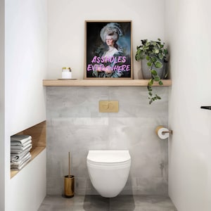Funny bathroom print, noblewoman portrait with the humorous text: assholes everywhere. Vintage portrait painting, funny restroom decor, restaurant bar print, altered art, gallery set, eclectic art decor, instant download.