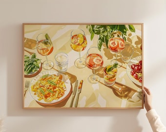 以下が含まれることがあります： 食べ物と飲み物が置かれたテーブルを描いた額入りのプリント。画像には、パスタ、チェリー、グラスに入ったカクテルが写っています。カラーパレットは、黄色、オレンジ、緑色で、自然光の効果があります。